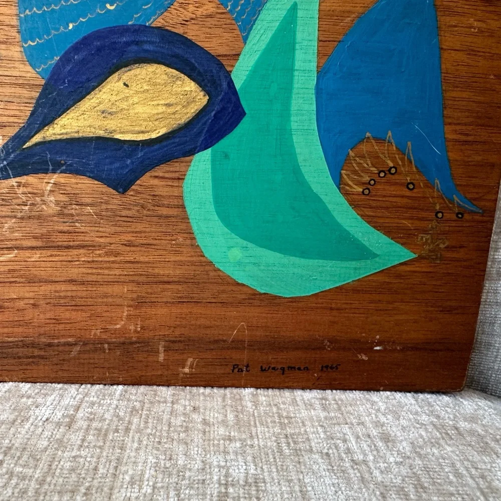 Vintage MCM Blue and Gold Abstract Wall Art Painted Birds on Wood